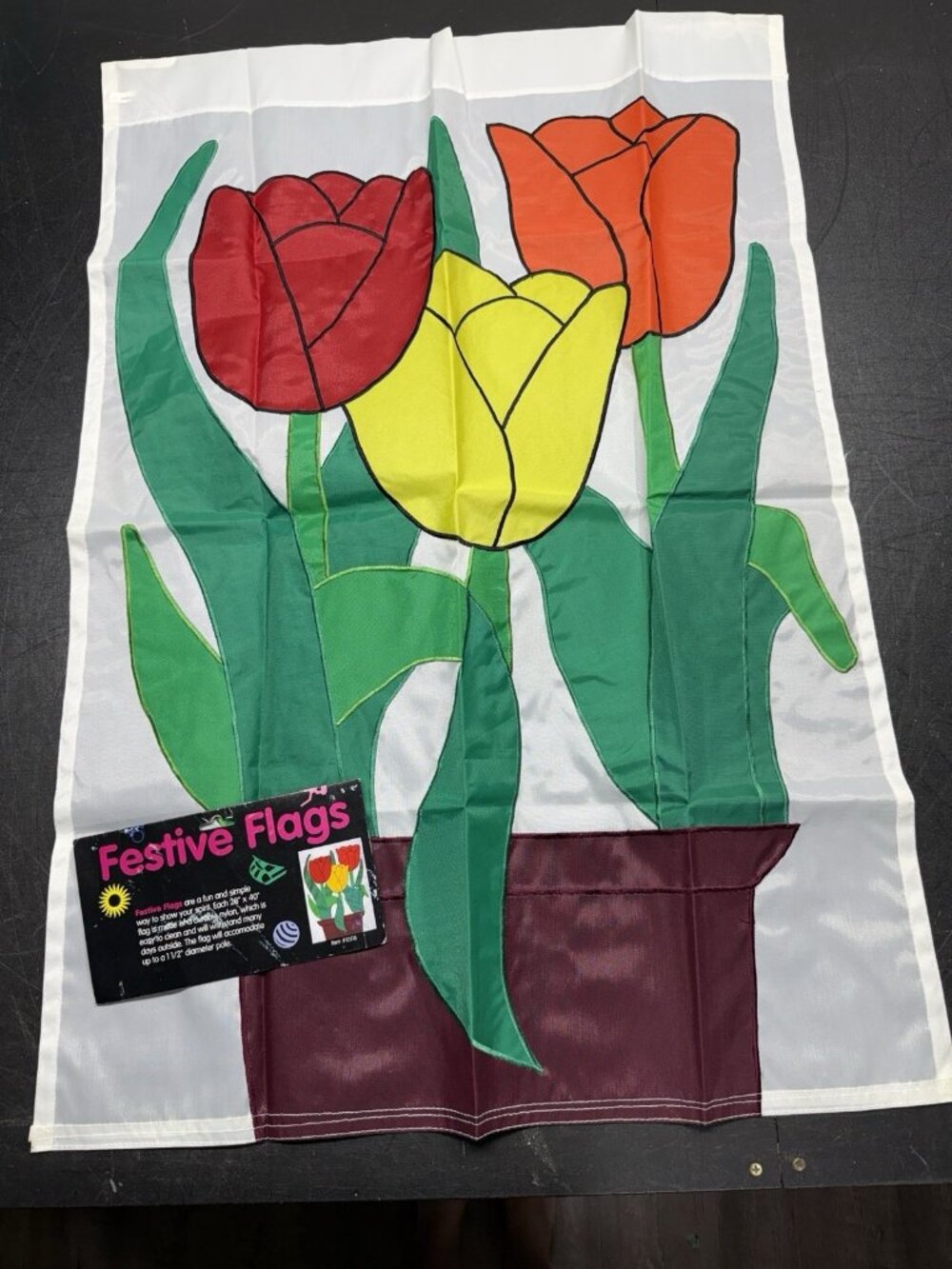 Vintage 40 x 28 Large Nylon Garden Flag Applique Spring Tulips Festive Flags